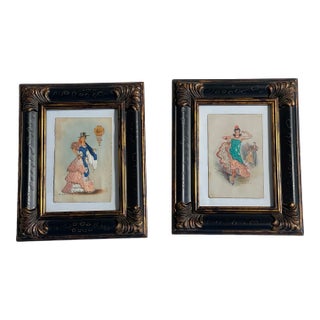 Pair Antique Spanish Embroidered Flamenco Postcards Framed For Sale