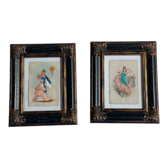 Pair Antique Spanish Embroidered Flamenco Postcards Framed For Sale