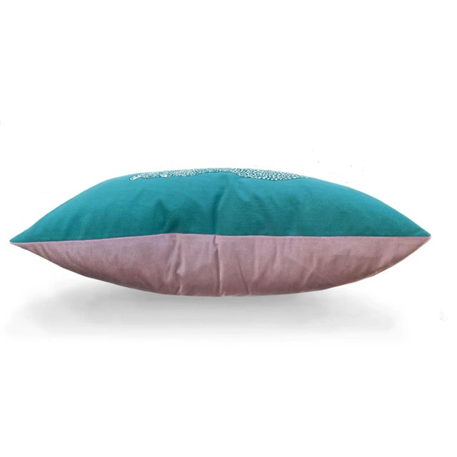 Hollywood Regency Green Leopard 12" X 22" Lumbar Pillow, Mauve Velvet Back For Sale - Image 3 of 3