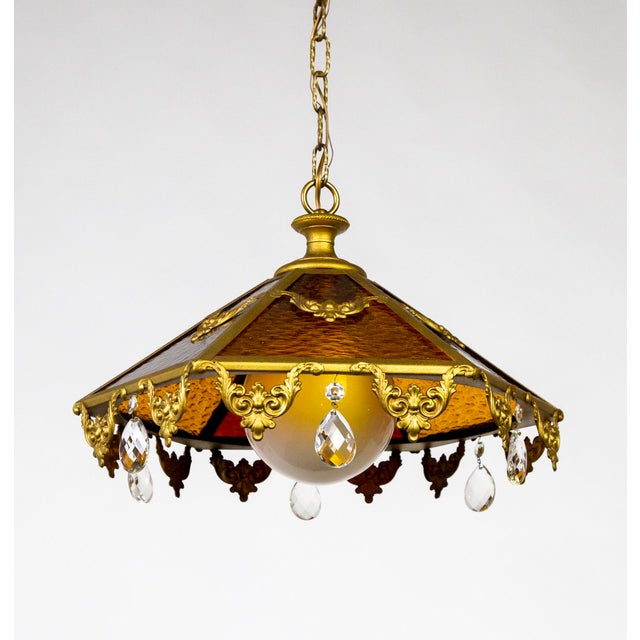 Mid 20th Century Paneled Amber Glass Pendant Light With Crystal Accents For Sale - Image 13 of 13