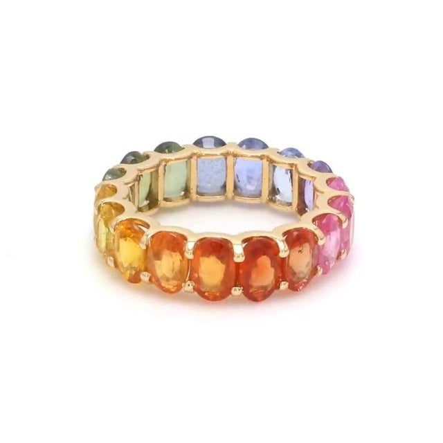 Sparkling rainbow sapphire oval ring with U-shaped prongs in gold Gold rainbow sapphire ring gold Colorful rainbow...