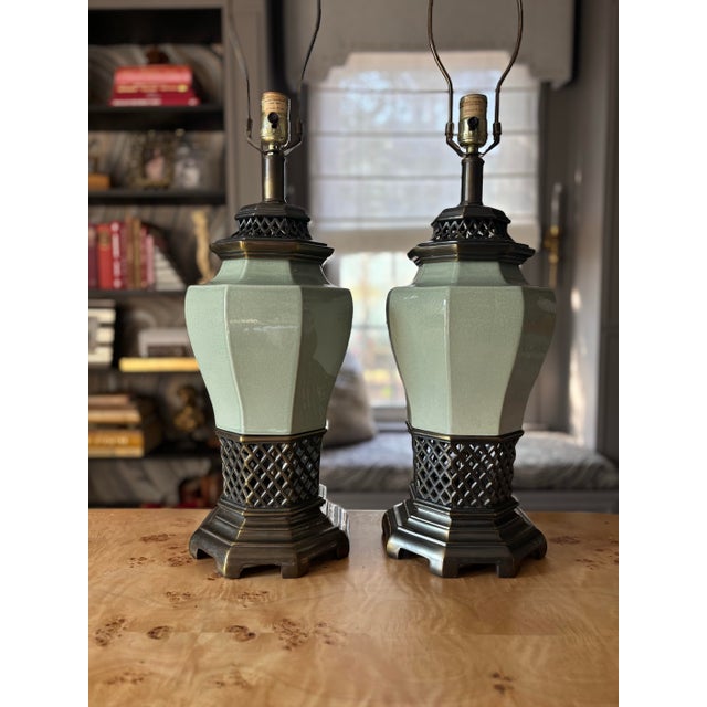 Morris Greenspan Vintage Morris Greenspan Hollywood Regency Ceramic Pierced Bronze Celadon Lamps - a Pair For Sale - Image 4 of 9