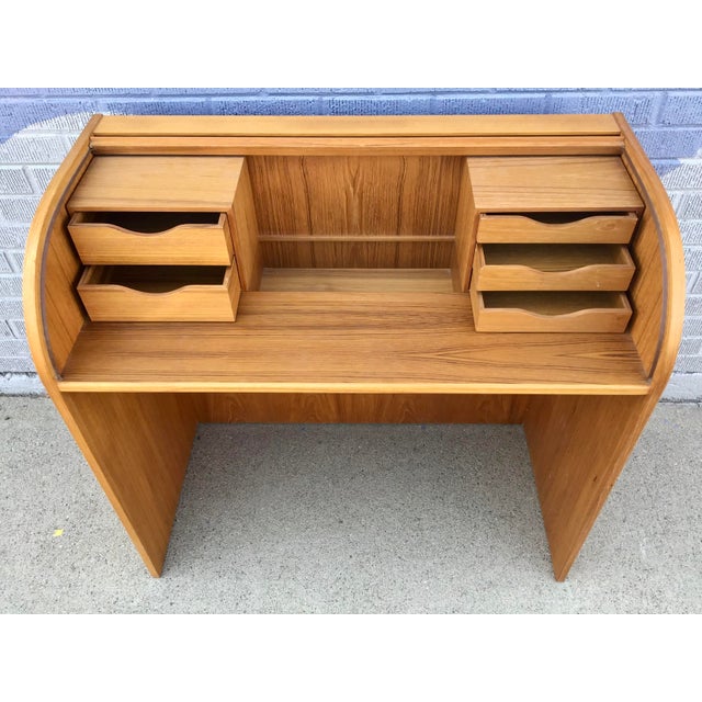 Wood Mid 20th Century Danish Modern Mid-Century Teak Roll Top Desk For Sale - Image 7 of 12