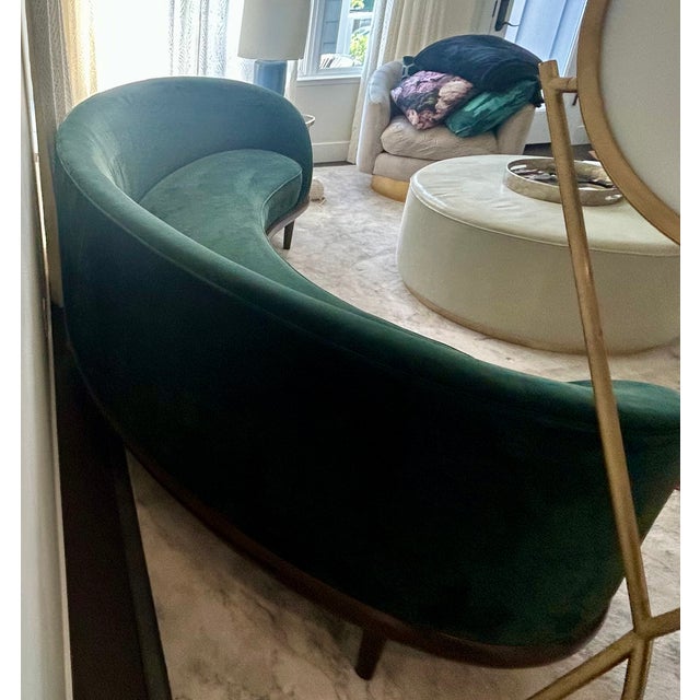 A.Rudin curved sofa transforms furniture into a luxurious gem. Velvet emerald green fabric bold without being loud. A...