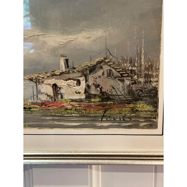 Late 20th Century Pair of South American Oil Paintings of Houses Architecture With Silver Frames and Hand-Lined Mat Signed Fortes For Sale - Image 5 of 11