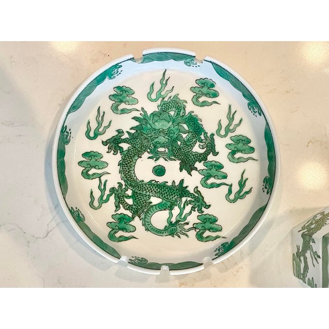 1960s Vintage Japanese Green Dragon Porcelain Ashtrays & Holder Set - 3pc. Set For Sale - Image 5 of 8