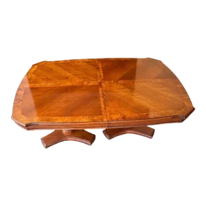 Solid Cherry Wood and Burlwood Double Pedestal Dining Table Expanding to 102" - Vintage Late 20th Century