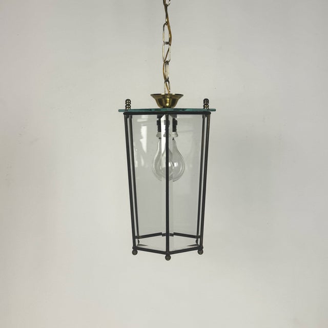 Mid-Century Brass and Beveled Glass Lantern Pendant Light in the style of Adolf Loos, Italy, 1970s For Sale - Image 4 of 9