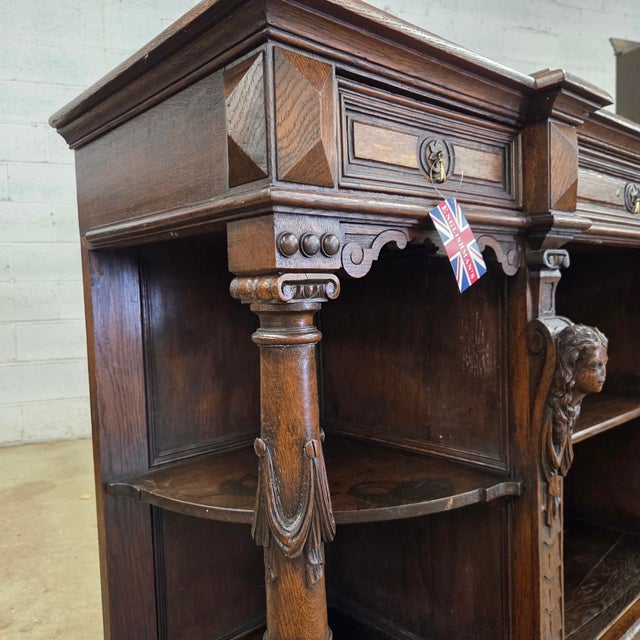 Oak Antique Jacobean Style Walnut Buffet With Ornate Carved Legs, Drawers, & Open Shelving For Sale - Image 4 of 18