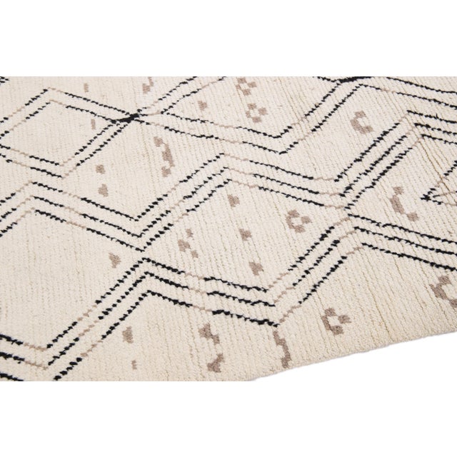 Contemporary Moroccan Style Handmade Ivory Wool Rug With Tribal Design For Sale - Image 9 of 13