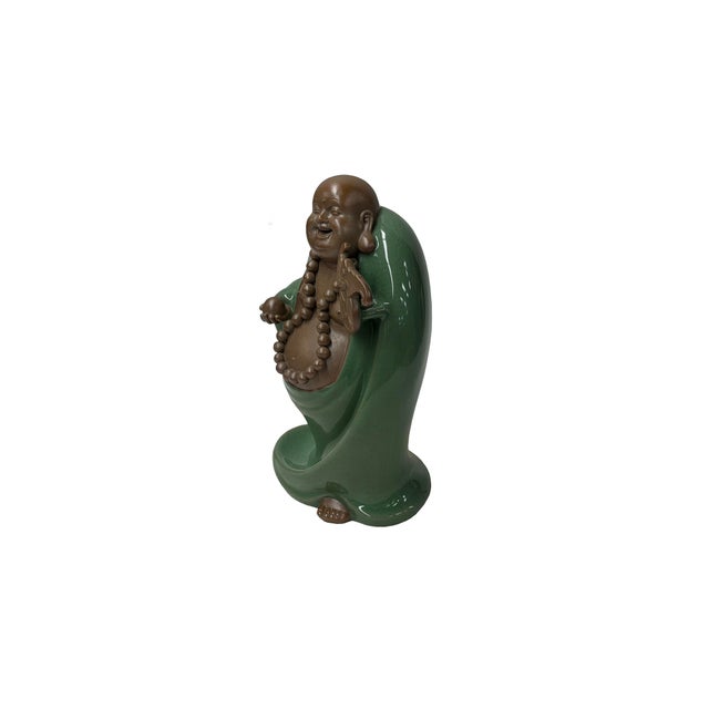 Ceramic Joyful Laughing Buddha Gloss Dark Jade Green Robe Ceramic Coin Bat Ru Yi Figure For Sale - Image 7 of 12