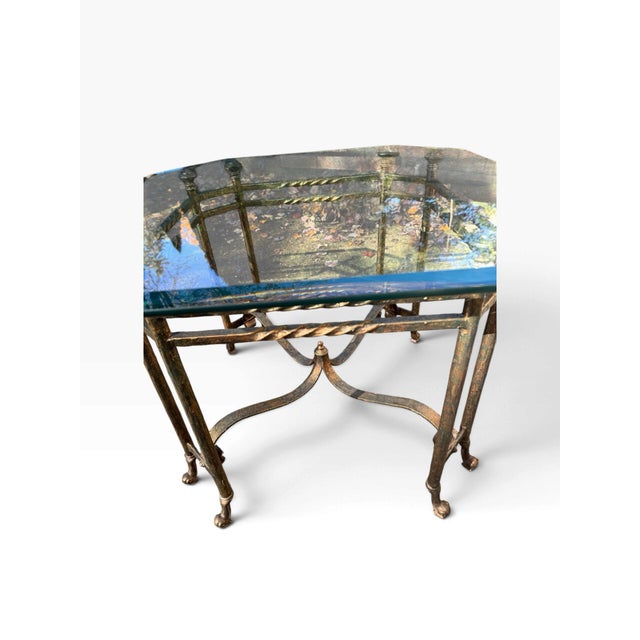 Vintage Pair of Hollywood Regency Style Wrought Iron Side End Tables With Heavy Octagonal Glass Tops For Sale - Image 4 of 12