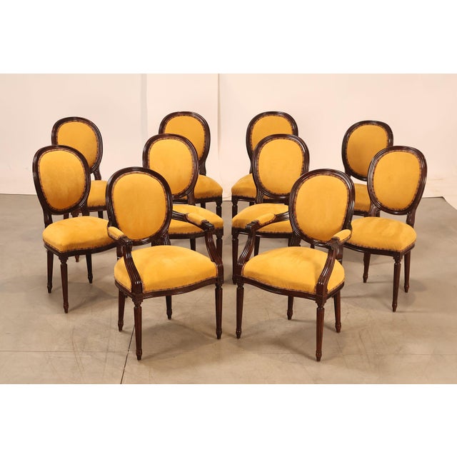 High Quality Vintage Set of Ten Oval Back, Mahogany Finish, Carved Frame Dining Chairs with Upholstered Seats and Arms,...
