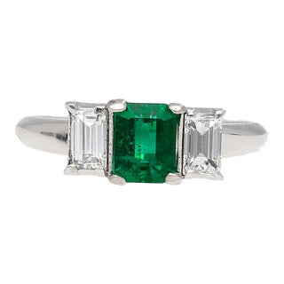 1.07 Carat Square-Cut Emerald and Diamond Three Stone Platinum Ring Size 6.5 For Sale