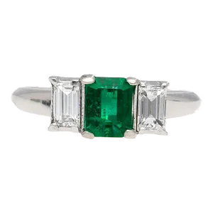 1.07 Carat Square-Cut Emerald and Diamond Three Stone Platinum Ring Size 6.5