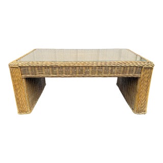 Vintage Coastal Woven Rattan Rectangular Coffee Table With Glass Top For Sale