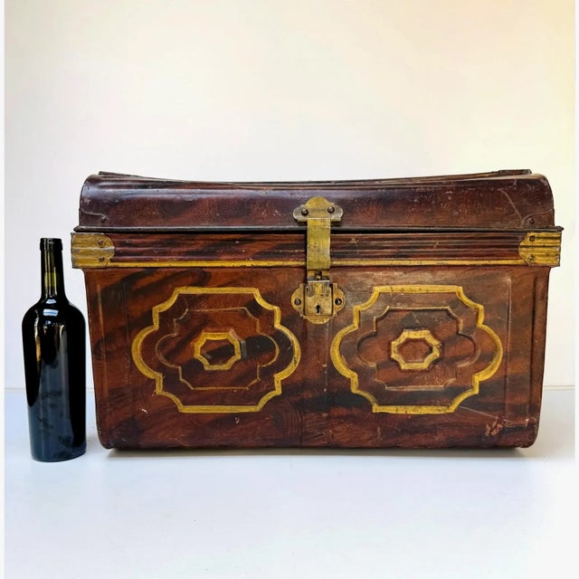 Antique Faux Bois Steel Steamer Trunk Chest Painted Wood Grain Blue Interior 23” For Sale - Image 16 of 16