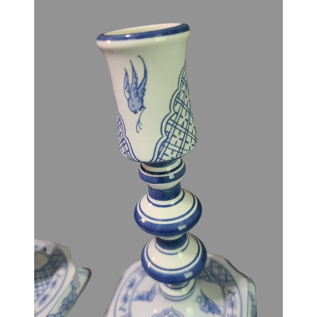 Delft Vintage Pair of Delft Royal Goedewoagen Blue & White Candlesticks Holland For Sale - Image 4 of 9