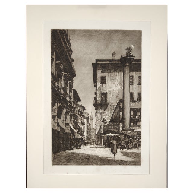 Ettore Fagiuoli, Piazza Delle Erbe in Verona, 1928, Etching For Sale