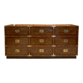 Vintage Drexel Campaign Walnut Long Dresser For Sale