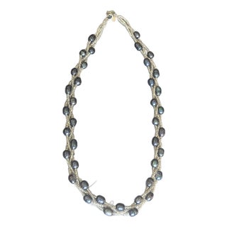 Vintage Braided Freshwater Black Pearls With Ziv 925 Silver Clasp For Sale
