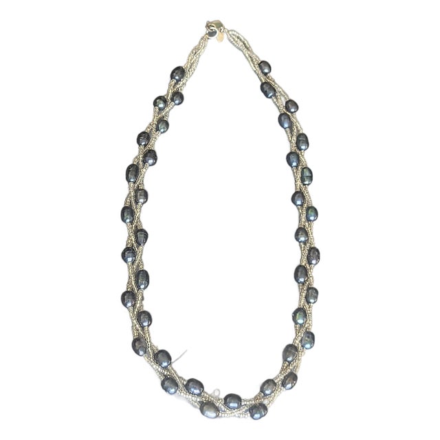 Vintage Braided Freshwater Black Pearls With Ziv 925 Silver Clasp For Sale