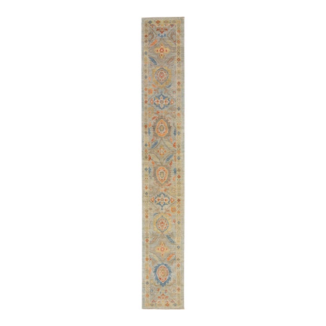 Modern Blue Sultanabad Handmade Floral Long Wool Runner For Sale