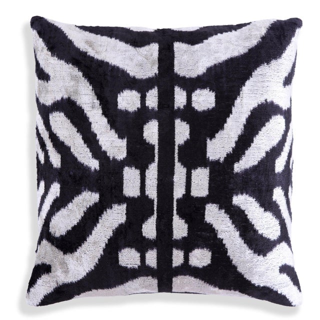 "Hand-sewn in California using Turkish &amp; Uzbek silk velvet Elegant black and ivory ikat medallion design Naturally...
