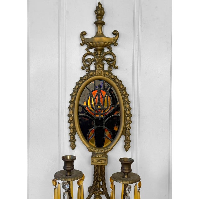 Antique Empire Brass & Stained Glass Crystal Prism Candle Wall Sconces - A Pair For Sale - Image 6 of 11
