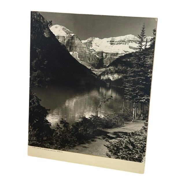 Mid-Century Modern Vintage Black and White Lake Louise & Victoria Glacier Photograph, Alberta Landscape Print For Sale - Image 3 of 10