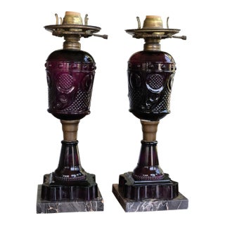 Antique Amethyst Owl & Shield Converted Lamps, Attributed to Boston & Sandwich—Pair For Sale
