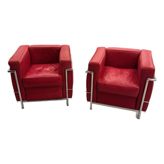 Pair Of. Chrome and Red Leather Club Chair in the Style of Le Corbusier For Sale