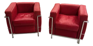 Pair Of. Chrome and Red Leather Club Chair in the Style of Le Corbusier