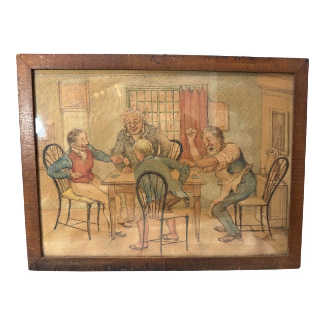 Antique 19th Century Original Men Playing Cards at Table Watercolor Painting For Sale