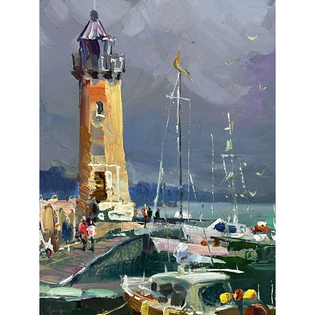 Gray Oil Painting Ships Moored at the Lighthouse Yuriy Suprunchuk For Sale - Image 8 of 11