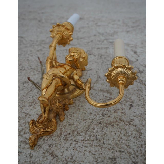 1990s Pair Cherub 2 Arm Lighted Brass Wall Sconces For Sale - Image 5 of 8