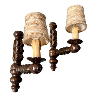 Turned Wood Wall Sconces in the style of Dudouyt, 1940, Set of 2 For Sale