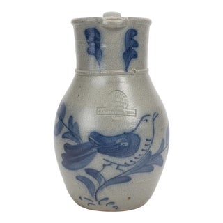 Vintage Rowe Pottery Works Wisconsin Salt-Glazed Stoneware Cobalt Bird Pitcher For Sale