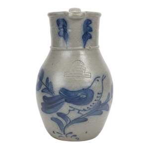 Vintage Rowe Pottery Works Wisconsin Salt-Glazed Stoneware Cobalt Bird Pitcher