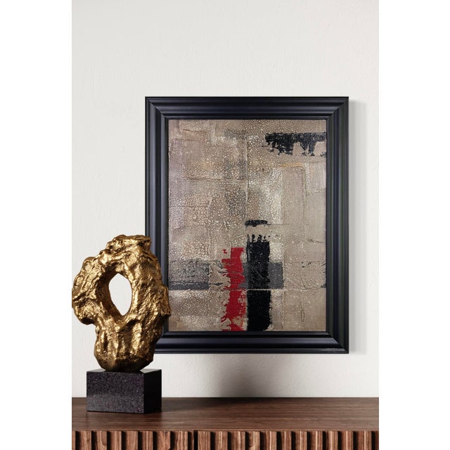 Original abstract painting by J. Kent Martin featuring a pale neutral field with black, charcoal, gray, and a sharp red...