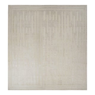 Rug & Kilim’s Oversized Textural Square Rug, Subtle Cream White High-Low Stripe For Sale