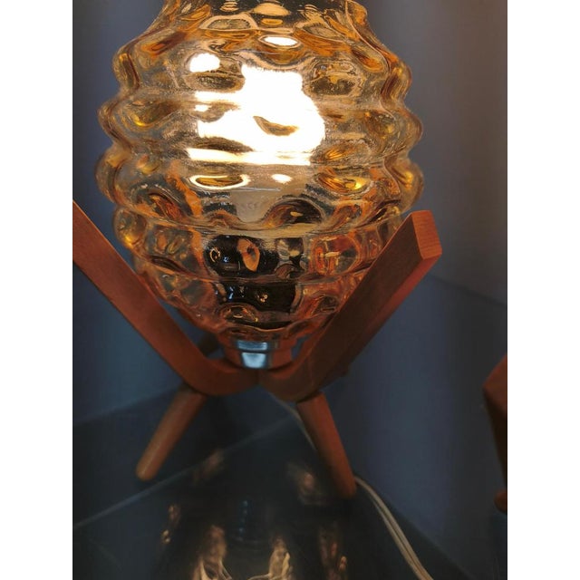 Gold Mid-Century Wood and Yellow Glass Table Lamps, Czech, 1970s, Set of 2 For Sale - Image 8 of 11