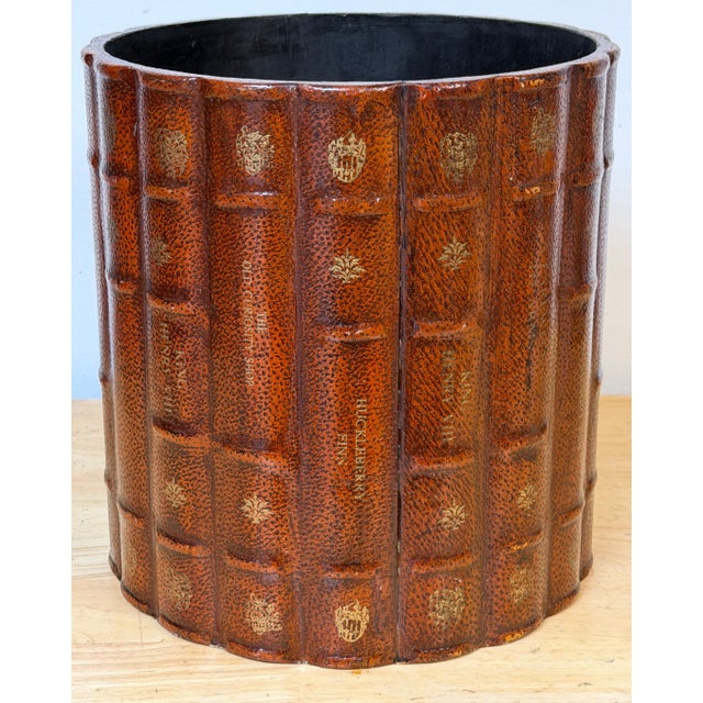 Italian Neoclassical Gilt Leather Book Motif Wastepaper Basket, 20th Century For Sale - Image 9 of 18