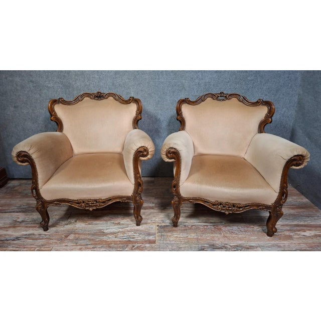 Wood 19th Century Louis XV Carved Walnut Armchairs For Sale - Image 7 of 8