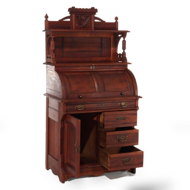 Antique Eastlake Walnut Cylinder Roll Top Paneled Secretary Desk C1890 For Sale - Image 18 of 18