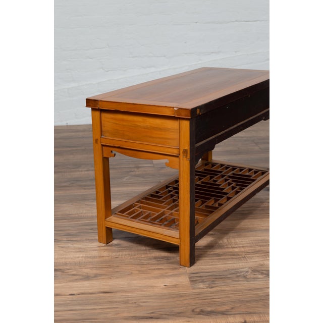 Vintage Chinese Natural Wood Side Table With Two Drawers And