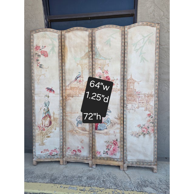 Vintage Four Panel French Chinoiserie Fabric Screen For Sale - Image 4 of 15