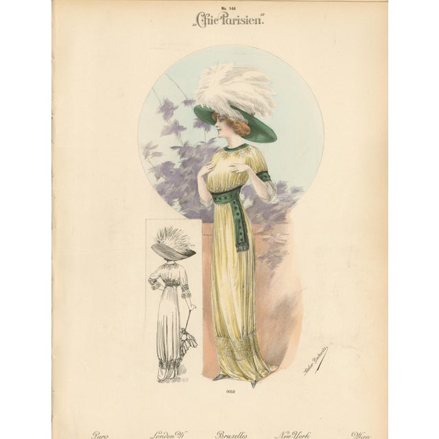 Original antique fashion plate from Chic Parisien, No. 144, from 1910, depicting an elegant woman in a long high-waisted...