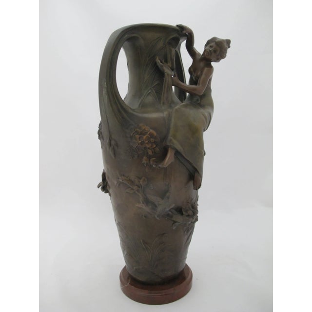 Bronze Francois Moreau Signed Female Figural Bird & Flower Art Nouveau Bronze Vase Pair For Sale - Image 8 of 17