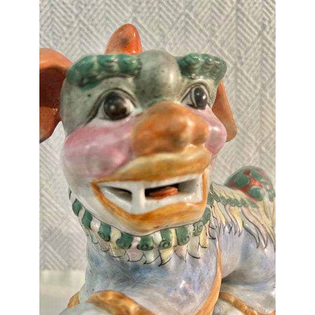 Ceramic Vintage Famille Verte Chinoiserie Porcelain Foo Dog Guardian Lion With Ball For Sale - Image 7 of 12